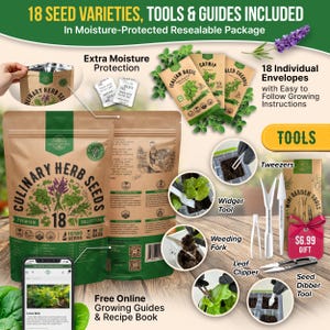 The image is an advertisement for a gardening kit that includes 18 seed varieties, tools, and a guidebook. The kit is in a moisture-protected resealable package and includes 18 individual envelopes with easy-to-follow growing instructions, as well as a variety of gardening tools such as a trowel, weeder, and leaf clipper. The kit also includes a seed starter kit and a seed dipper. The kit is available for $6.99 and includes a free online growing guide and a recipe book.