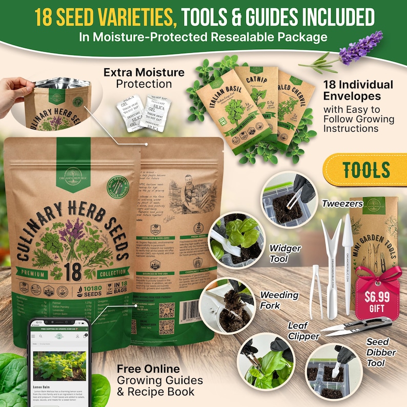 The image is an advertisement for a gardening kit that includes 18 seed varieties, tools, and a guidebook. The kit is in a moisture-protected resealable package and includes 18 individual envelopes with easy-to-follow growing instructions, as well as a variety of gardening tools such as a trowel, weeder, and leaf clipper. The kit also includes a seed starter kit and a seed dipper. The kit is available for $6.99 and includes a free online growing guide and a recipe book.