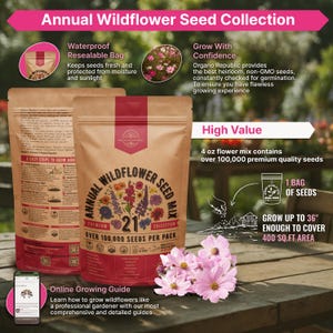 May include: A brown paper bag of "Annual Wildflower Seed Mix" with a colorful floral design. The bag includes the text "Over 100,000 Seeds Per Pack" and "21 Collection". A pink flower bouquet is in the foreground.