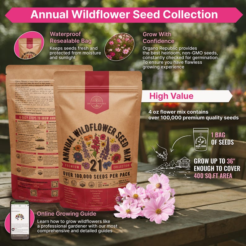 May include: A brown paper bag of "Annual Wildflower Seed Mix" with a colorful floral design. The bag includes the text "Over 100,000 Seeds Per Pack" and "21 Collection". A pink flower bouquet is in the foreground.