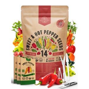 14 Sweet & Hot Pepper Seeds Variety Pack - 1,030+ Non GMO Heirloom Pepper Seeds for Outdoor and Indoor Home Gardening