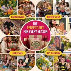 The image is a collage of various scenes depicting different occasions, including Thanksgiving, Christmas, and Mother's Day, with a central image promoting a gift set for every season.