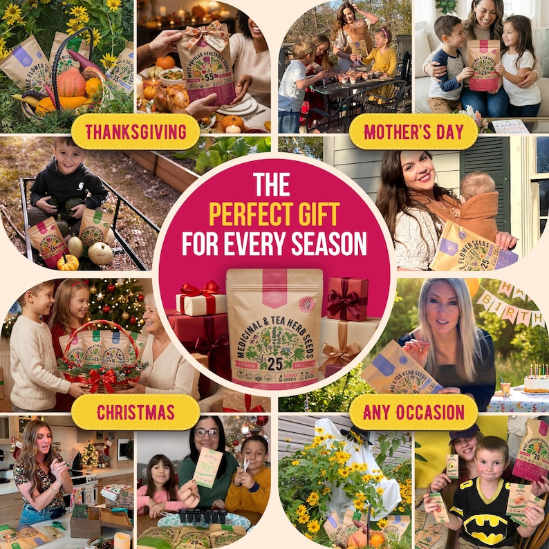 The image is a collage of various scenes depicting different occasions, including Thanksgiving, Christmas, and Mother's Day, with a central image promoting a gift set for every season.