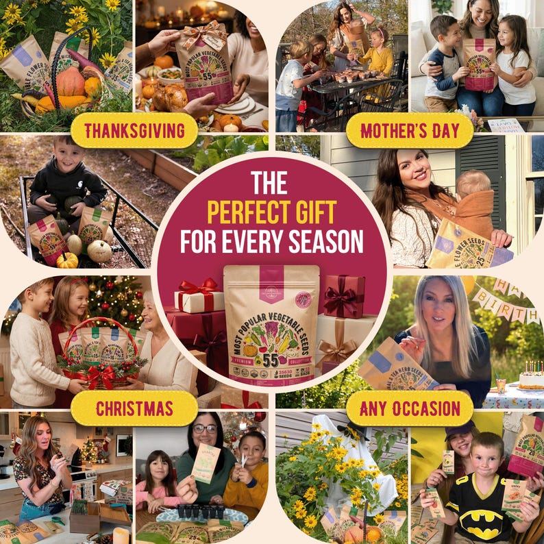 The image is a collage of various scenes depicting different occasions, including Thanksgiving, Christmas, and Mother's Day, with a central focus on a bag of vegetable seeds labeled "The perfect gift for every season".