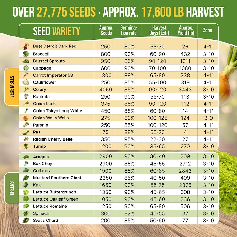 a list of various vegetables and fruits, along with their respective seed varieties and approximate harvest days. The list includes items such as beet, broccoli, cabbage, carrot, cauliflower, celery, onion, and spinach, among others. The list provides approximate harvest days for each variety, ranging from 4 to 10 days.