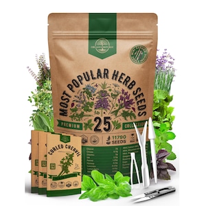 25 Herb Seed Variety Pack: Heirloom Non GMO Seeds with Mini Garden Tools
