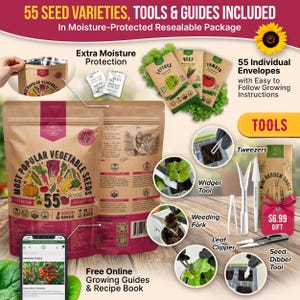 The image is an advertisement for a package containing various gardening tools and seeds, including a 55 seed variety, a 55 seed variety, and a 55 seed variety. The package is described as a moisture-protected resealable package, and it includes extra moisture protection, 55 individual envelopes, and tools such as tweezers, a weeder tool, a leaf clipper, a seed dipper, and a seed blender. The package also includes a free online growing guide and a recipe book.