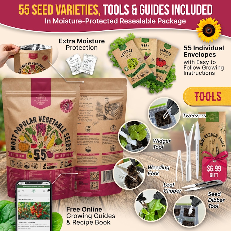 The image is an advertisement for a package containing various gardening tools and seeds, including a 55 seed variety, a 55 seed variety, and a 55 seed variety. The package is described as a moisture-protected resealable package, and it includes extra moisture protection, 55 individual envelopes, and tools such as tweezers, a weeder tool, a leaf clipper, a seed dipper, and a seed blender. The package also includes a free online growing guide and a recipe book.