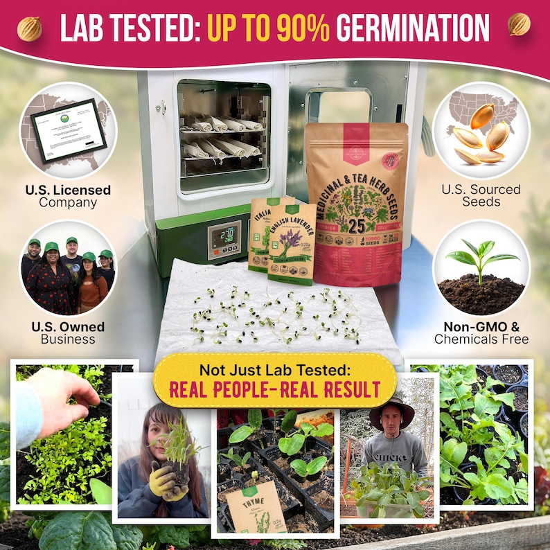 The image is a collage of various images related to gardening and agriculture, including images of people, plants, and seedlings, along with text highlighting the lab-tested nature of the seeds and the company's U.S. license.