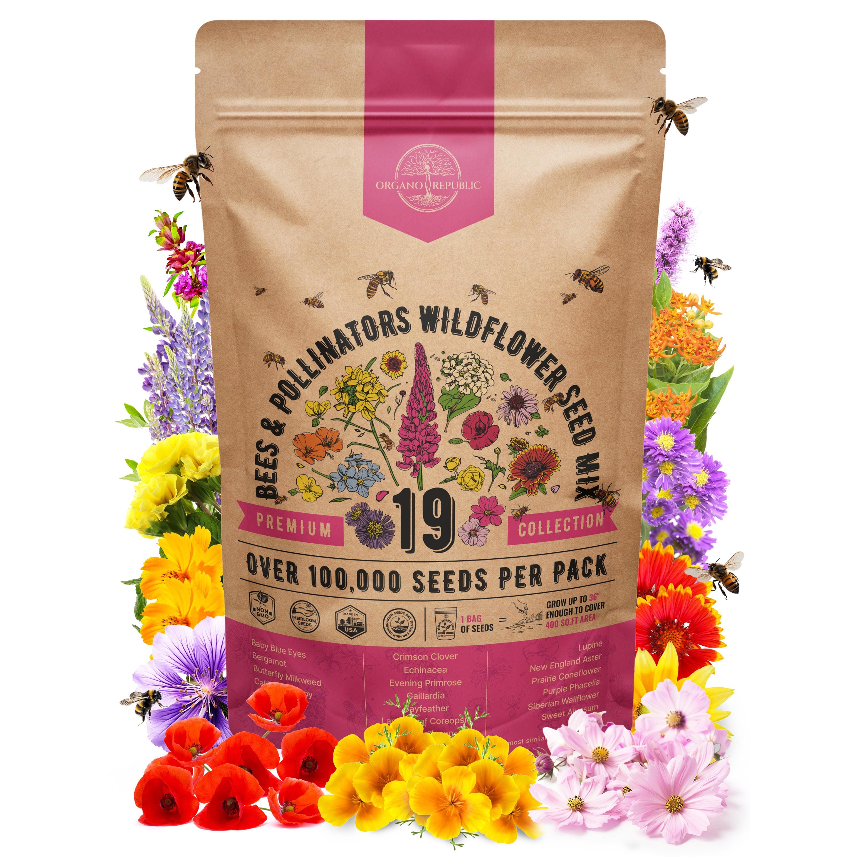 19 Bees & Pollinators Wildflower Seed Mix for Indoor and Outdoors, Attract Bees and Butterflies. 100,000+ Non GMO, Heirloom Wildflower Seeds