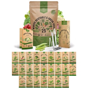25 Winter Vegetable & Green Seeds Variety Pack for Outdoors and Indoor Home Gardening 27,600+ Non GMO Heirloom Seeds