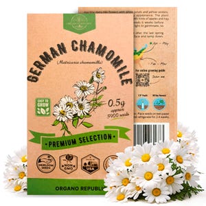 May include: A brown paper packet of German Chamomile seeds with a drawing of chamomile flowers. The packet includes the text "German Chamomile (Matricaria chamomilla)", "Easy to Grow", "0.5g approx 5900 seeds", "Premium Selection", "Heirloom Seeds", "Non GMO", "Made in USA", and "Organo Republic".
