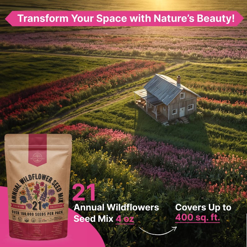 a bag of wildflowers with a house in the background