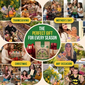 The image is a collage of various scenes depicting different occasions, including Thanksgiving, Christmas, and Mother's Day, with a central image promoting Culinary Herb Seeds as a perfect gift for every season.