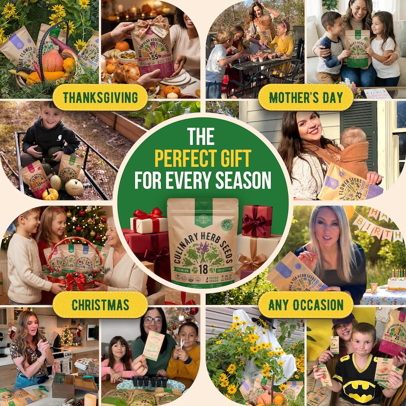 The image is a collage of various scenes depicting different occasions, including Thanksgiving, Christmas, and Mother's Day, with a central image promoting Culinary Herb Seeds as a perfect gift for every season.