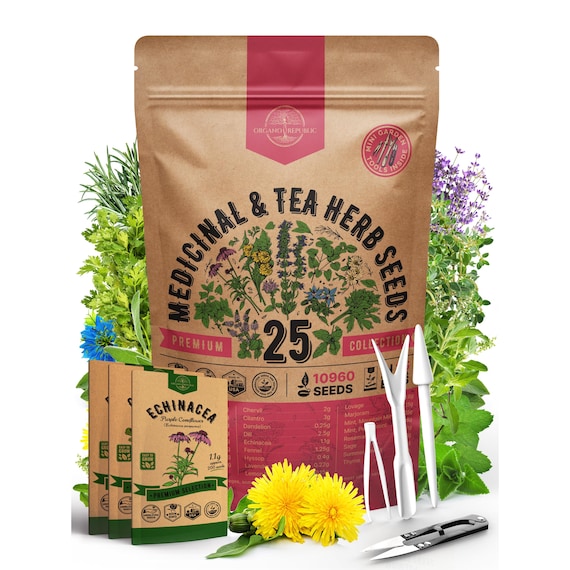 25 Medicinal Tea Herb Seeds Variety Pack: Non GMO Heirloom
