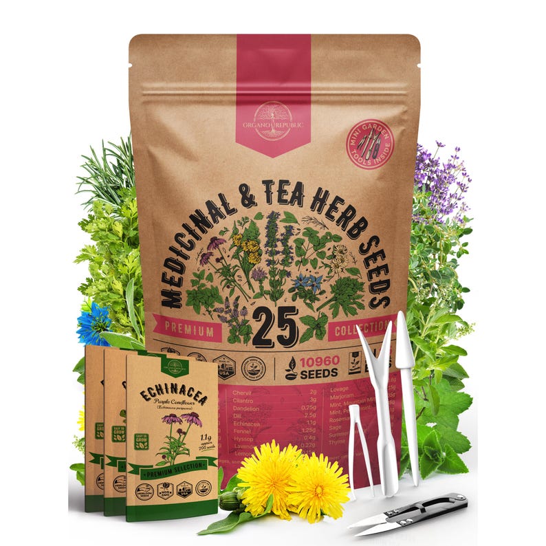 25 Medicinal Tea Herb Seeds Variety Pack: Non GMO Heirloom image 1