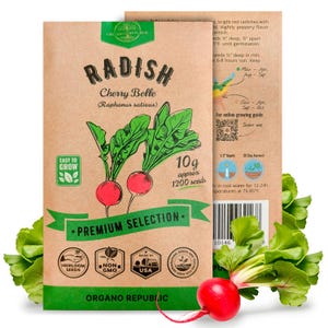 May include: A brown paper packet of Cherry Belle radish seeds. The packet features a drawing of red radishes and green leaves. The packet includes 10 grams of seeds, approximately 1200 seeds. The packet is labeled "Easy to Grow", "Heirloom Seeds", "Non-GMO", and "Made in USA".
