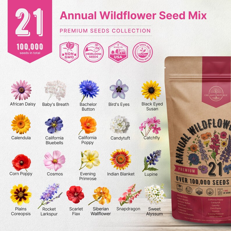 a bag of wildflower seed mix next to a bag of wildflower seeds