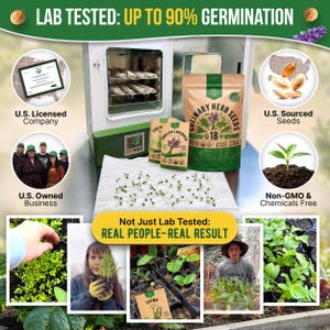The image is a collage of various images related to the lab testing of seeds, including a seed testing machine, a bag of seeds, and people working with plants.