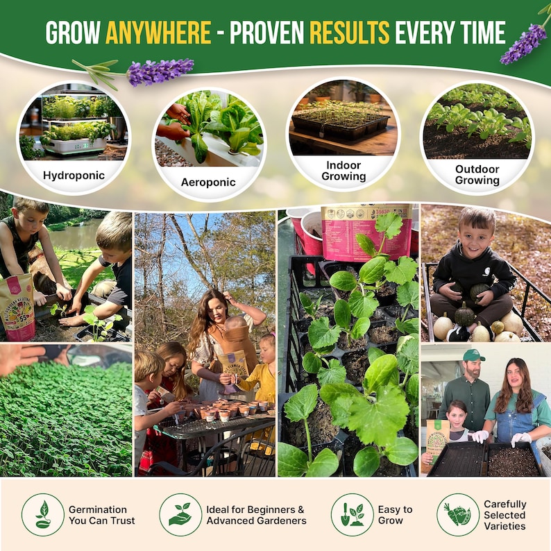 The image is a collage of various images showcasing different methods of growing plants, including hydroponic, aeroponic, indoor growing, outdoor growing, germination, and advanced gardening.