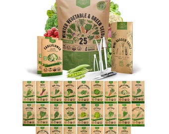 25 Winter Vegetable & Green Seeds Variety Pack for Outdoors and Indoor Home Gardening 27,600+ Non GMO Heirloom Seeds