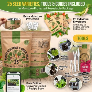 The image is an advertisement for a package containing 25 seed varieties, tools, and a guidebook for growing vegetables and herbs. The package includes extra moisture protection, 25 individual envelopes, tweezers, a weeder tool, a fork, a leaf clipper, a seed dipper, and a seed blender. The package also includes free online growing guides and a recipe book.