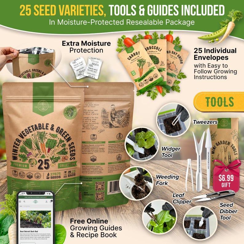 The image is an advertisement for a package containing 25 seed varieties, tools, and a guidebook for growing vegetables and herbs. The package includes extra moisture protection, 25 individual envelopes, tweezers, a weeder tool, a fork, a leaf clipper, a seed dipper, and a seed blender. The package also includes free online growing guides and a recipe book.