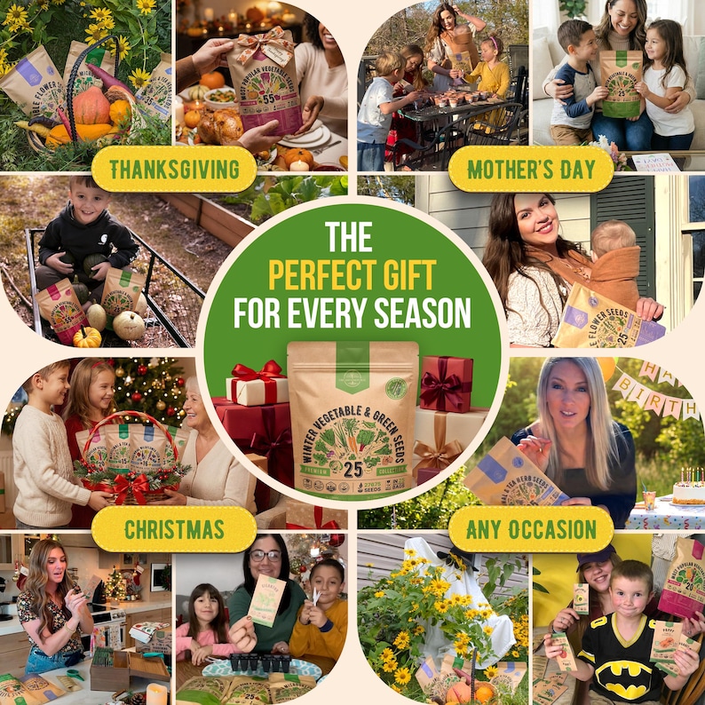 The image is a collage of various scenes depicting different occasions, including Thanksgiving, Christmas, and Mother's Day, with a central image promoting a gift set for every season.