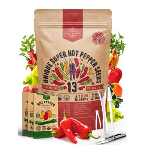 13 Unique Super Hot Pepper Seeds Variety Pack - 1,020+ Non GMO Heirloom Pepper Seeds for Outdoor and Indoor Home Gardening
