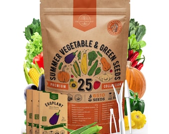 25 Summer Vegetable & Green Seeds Variety Pack - 6,510+ Non GMO Heirloom Veggie and Greens Seeds for Outdoors and Indoor Home Gardening