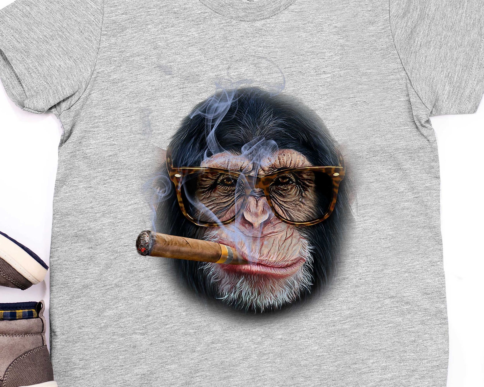 Chimpanzee in Retro Glass Puffing Cigar Monkey Face Shirt | Etsy