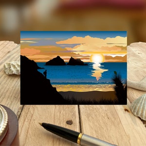 May include: A digital illustration depicting a sunset over a tranquil ocean with two islands in the distance. A solitary figure stands on a cliff overlooking the scene.