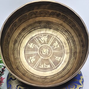 11 inches  large  Tibetan mantra on mane pad-me hum singing bowl- meditation, sound healing, yoga hand made in Nepal
