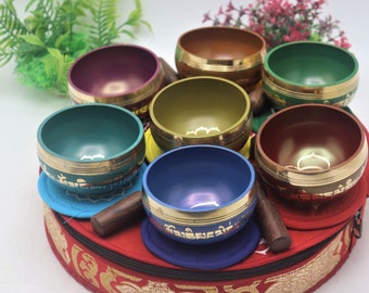 color mantra set Handmade singing bowl set-7 Tibetan Healing singing bowl- Singing bowl set-Best for sound Healing and Mindfulness