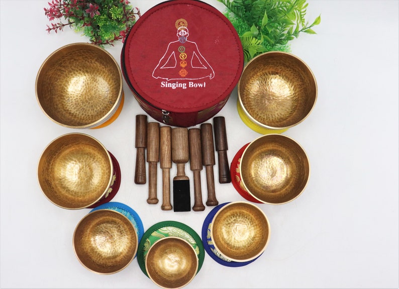 Set of 7 Hand hammer Tibetan Handmade 7 pieces singing bowl for sound healing, meditation, yoga and sound balancing. image 5