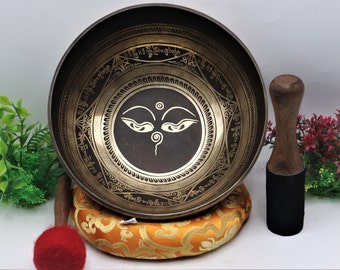 buddha eye with mantra  carved singing bowl-10 inch Tibetan hand made  Bowl- meditation yoga sound healing bowl-made in Nepal