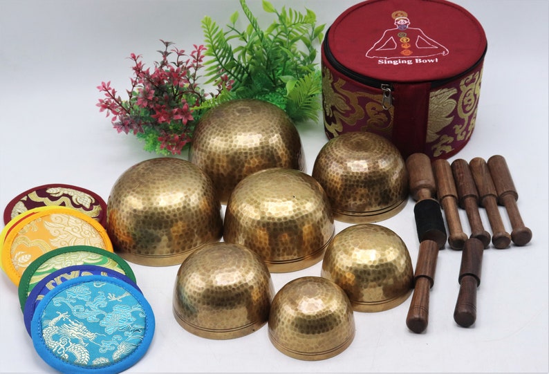 Set of 7 Hand hammer Tibetan Handmade 7 pieces singing bowl for sound healing, meditation, yoga and sound balancing. image 2