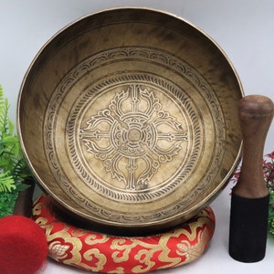 10 inch diameter mantra with bajra  carved singing bowl-Tibetan super fine Bowl- meditation yoga sound healing bowl-made in Nepal