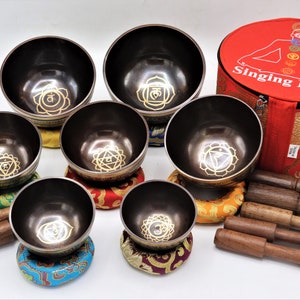 Tibetan chakra set singing bowl-set of seven mantra etched singing bowl- meditation sound healing bowl - Tibetan gift bowl- MADE FROM NEPAL