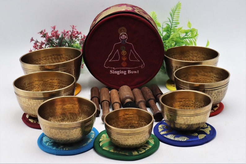 Set of 7 Hand hammer Tibetan Handmade 7 pieces singing bowl for sound healing, meditation, yoga and sound balancing. image 7