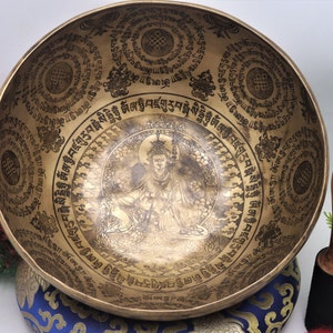 11 inches master healing large super fine bowl- Tibetan mantra carved singing bowl- meditation, sound healing, yoga hand made in Nepal