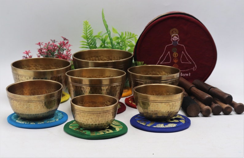 Set of 7 Hand hammer Tibetan Handmade 7 pieces singing bowl for sound healing, meditation, yoga and sound balancing. image 4