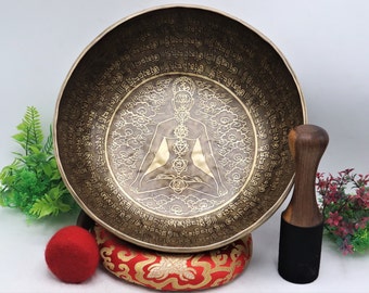 12 inch yogi mantra  carved singing bowl-Tibetan  hand made bowl- meditation yoga sound healing bowl-made in Nepal