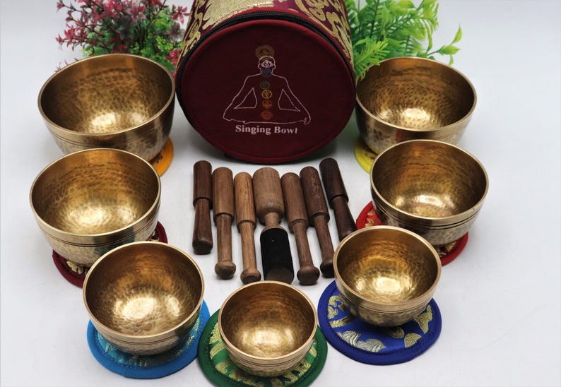 Set of 7 Hand hammer Tibetan Handmade 7 pieces singing bowl for sound healing, meditation, yoga and sound balancing. image 8