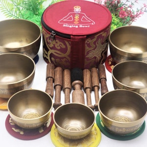 Natural Etching kasha Singing Bowl set of 7 - Nepalese sound therapy Bowls - seven Tibetan Singing Bowl - peace love and gift set bowl