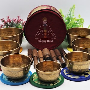 Set of 7 Hand hammer Tibetan Handmade 7 pieces singing bowl for sound healing, meditation, yoga and sound balancing. image 6