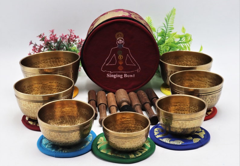 Set of 7 Hand hammer Tibetan Handmade 7 pieces singing bowl for sound healing, meditation, yoga and sound balancing. image 6