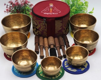 7er Set Handhammer Tibetanisch Handgemachte 7 Stück Klangschale für Klangheilung, Meditation, Yoga und Klangbalancierung.