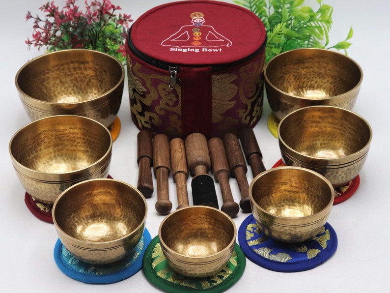 Set of 7 Hand hammer Tibetan Handmade 7 pieces singing bowl for sound healing, meditation, yoga and sound balancing. image 1